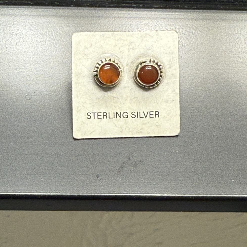Santa Fe Sterling Silver Orange Cabochon Stud Earrings El Platero Artisan